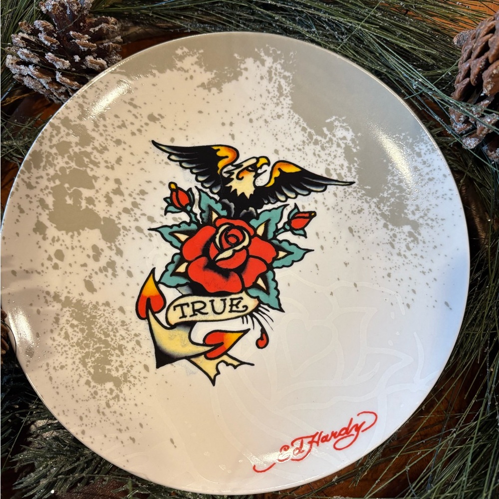 Ed Hardy True Rose Eagle Decorative Plate - White